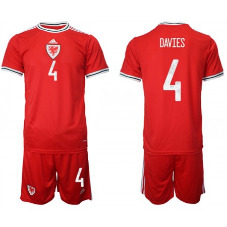 Men's Wales #4 Davies Red Home Soccer Jersey Suit