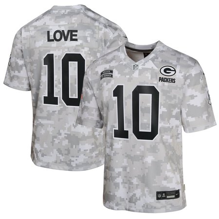 Youth Green Bay Packers Jordan Love Nike Arctic Camo 2024 Salute to Service Game Jersey